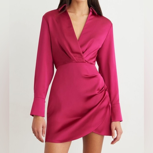 Dynamite- Margot Long Sleeve Satin Wrap Dress XXS - Picture 4 of 7